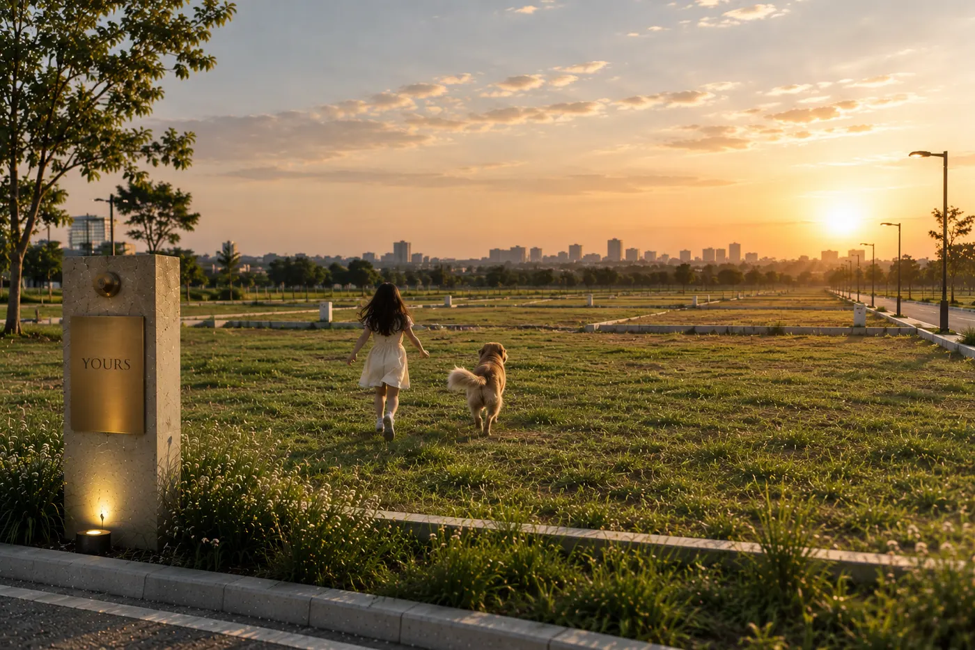 Sunset over an open plot at Kishnara Avenue